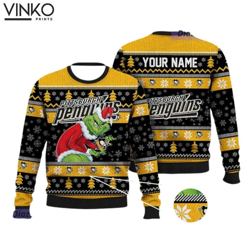 Personalized Penguins Grin Ice Hockey Ugly Christmas Sweater