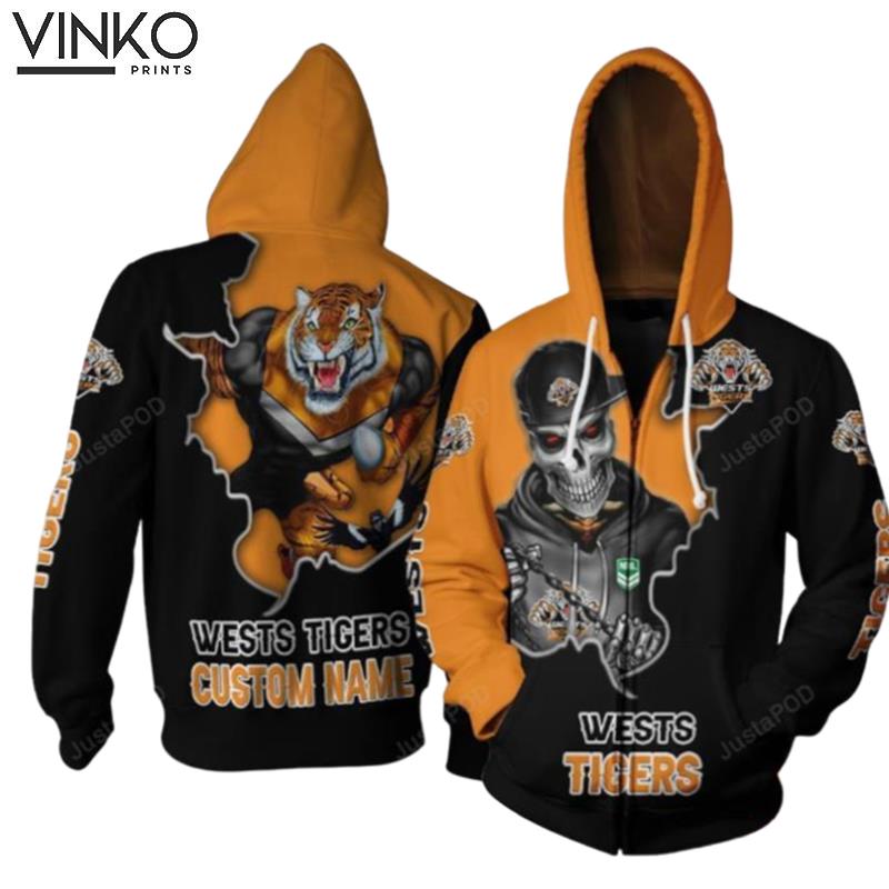 Personalized Wests Tigers Nrl Mascot Skull Custom Name Hoodie