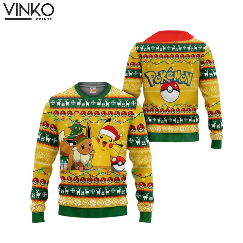 Pika And Eevee PKM 3D Ugly Christmas Sweater