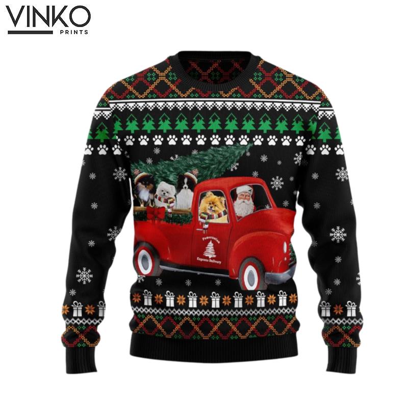 Pomeranian and Red Truck D3009 Ugly Christmas Sweater