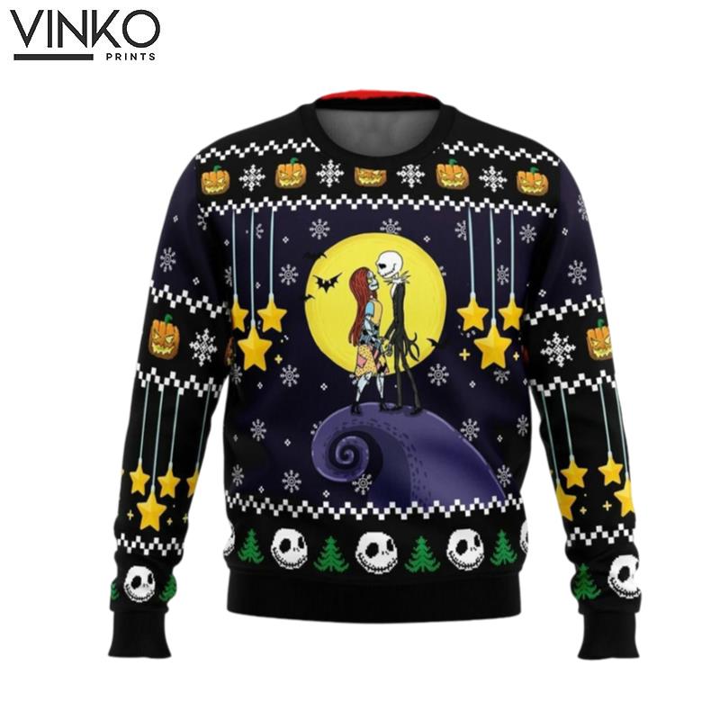 Romantic Nightmare Before Knitted Jack and Sally Ugly Christmas Sweater