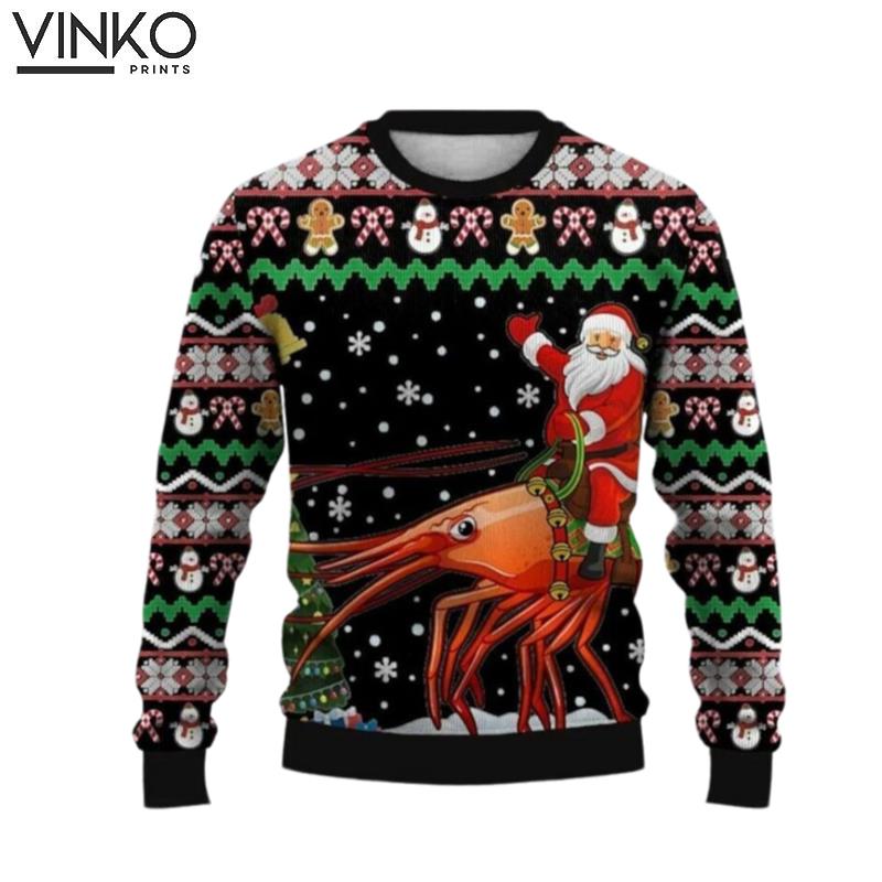 Santa Claus Riding A Lobster Funny For Fan Ugly Christmas Sweater