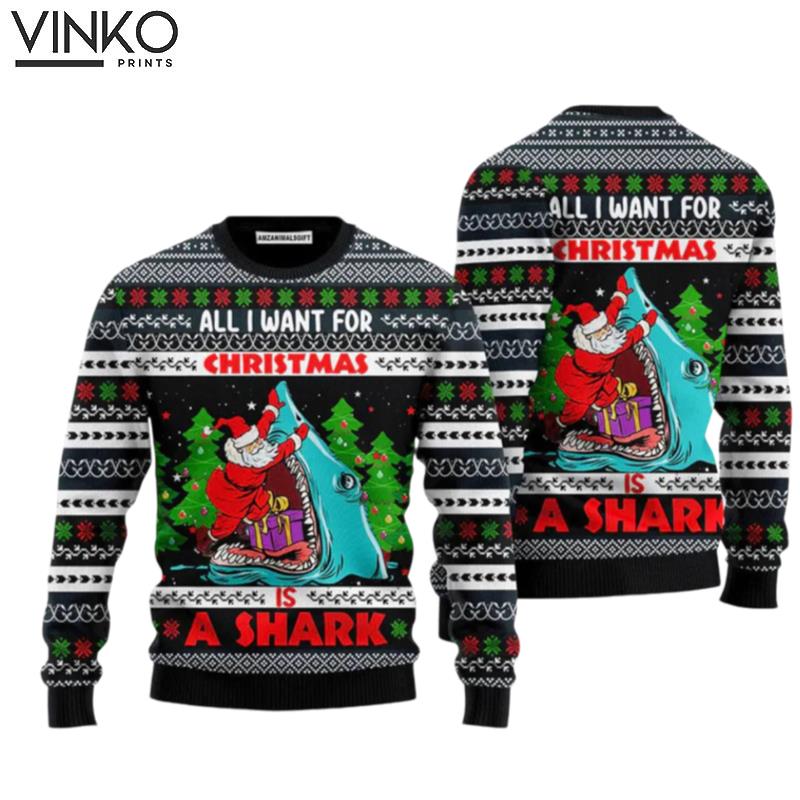 Santa Fishing All I Want For Christmas Is a Shark Ugly Christmas Sweater