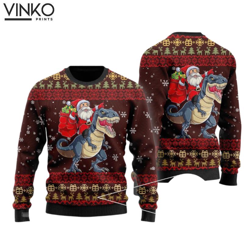 Santa Riding Dinosaur T Rex Funny Ugly Christmas Sweater