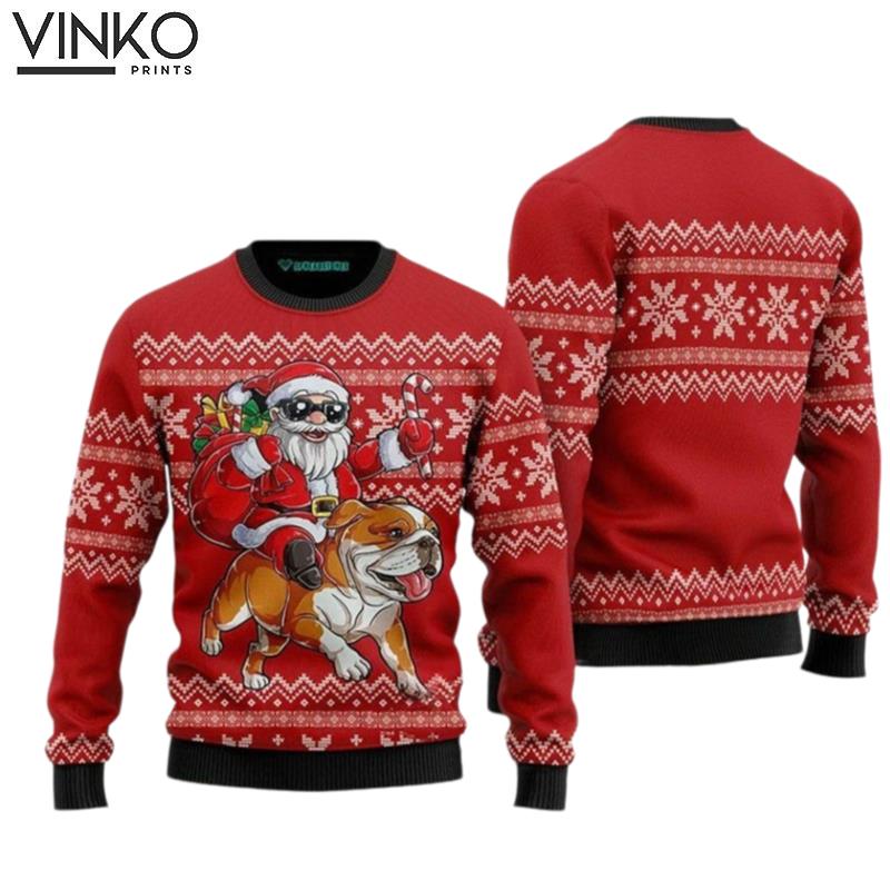 Santa Riding English Bulldog Ugly Christmas Sweater