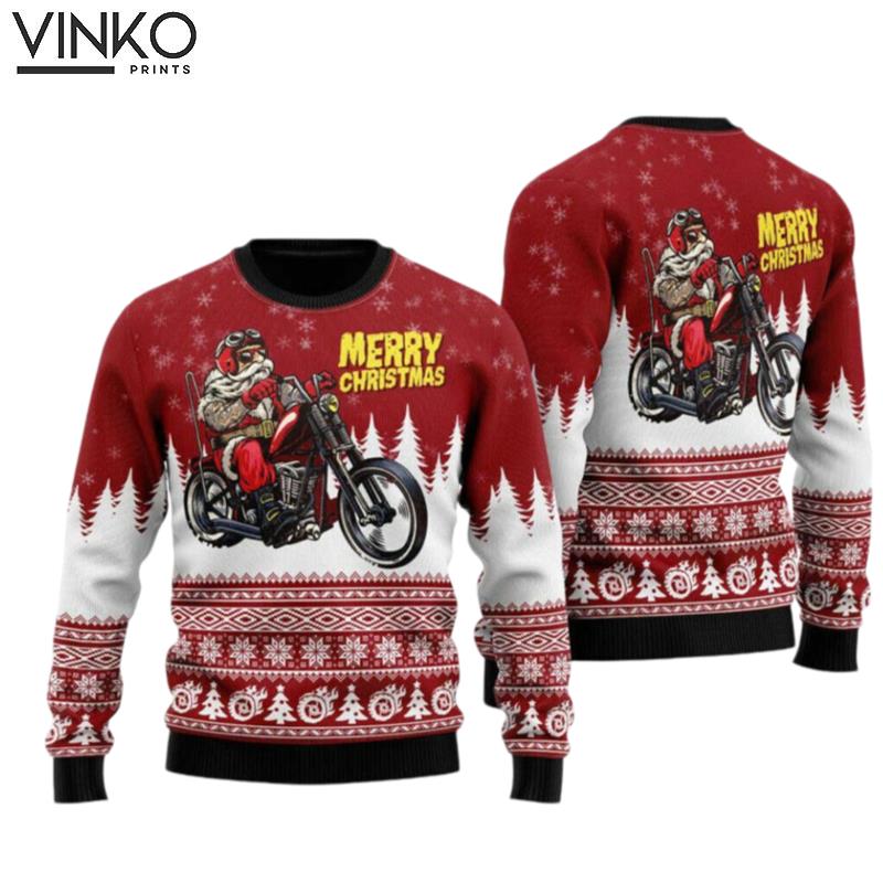 Santa Riding Motorbike To Holiday Lightweight Xmas Gift Ugly Christmas Sweater