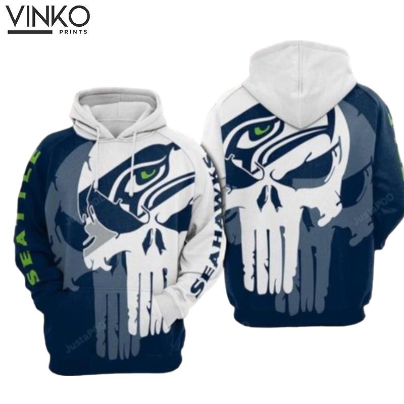 Seattle Seahawks Nfl Football Punisher Skull Blue And White Hoodie