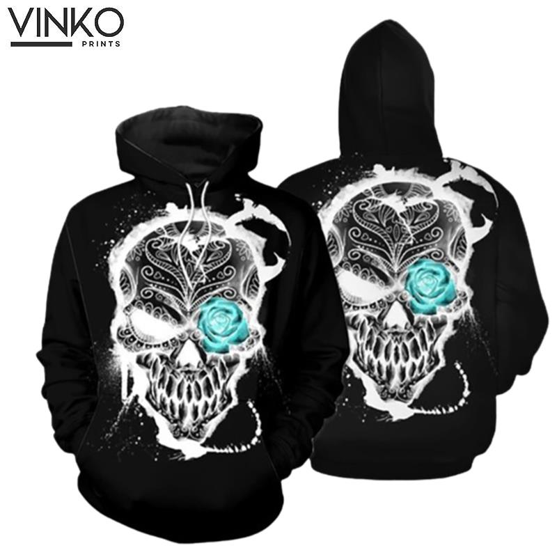 Skull Silver With Blue Rose Hoodie