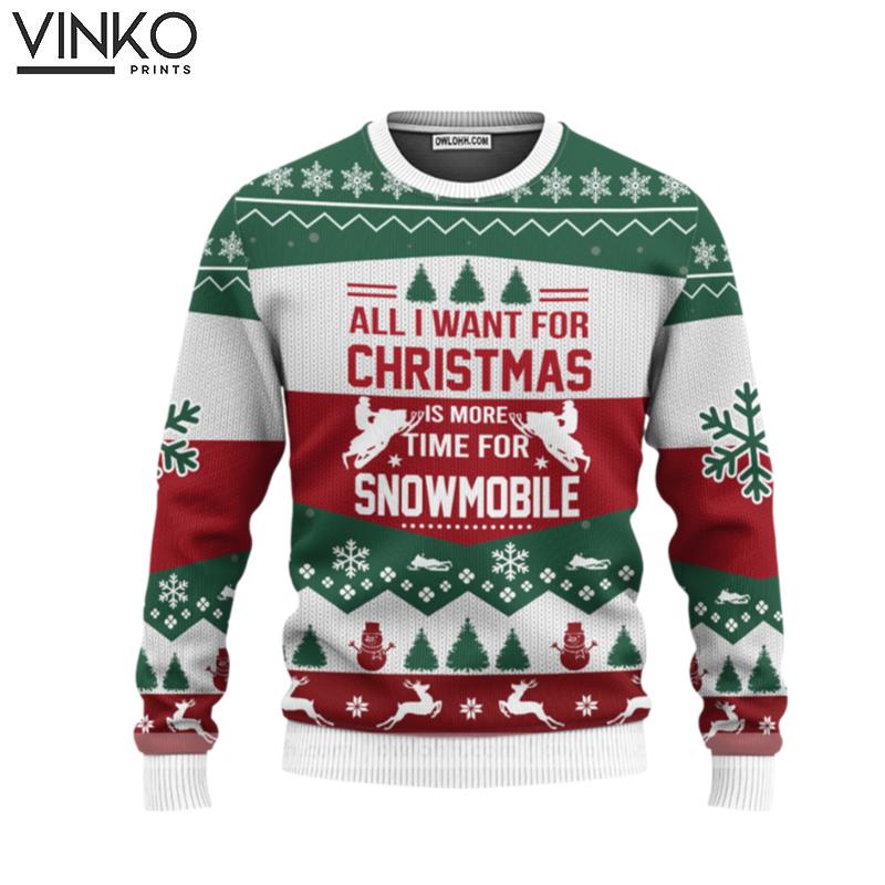 Snowmobile All I Want For Christmas Knitted Print Noel Christmas Signature Ugly Christmas Sweater