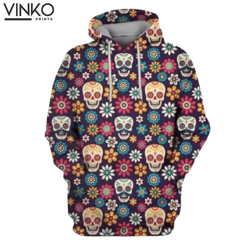 Sugar Skulls And Flowers On Dark Hoodie