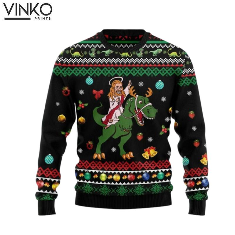 T Rex And Jesus Christmas Xmas 3D Ugly Christmas Sweater