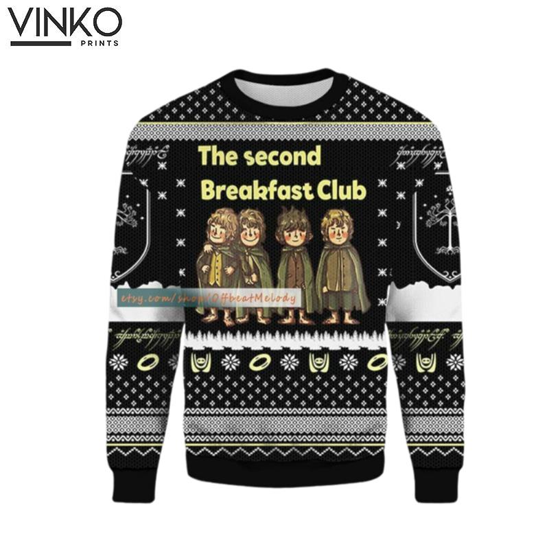 The Second Breakfast Club Meme The LOTR Over Print 2022 3D Hoodie Ugly Christmas Sweater