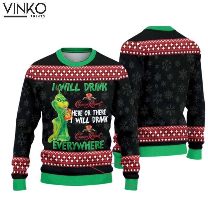 The funny character I Will Drink CrownRoyall Here Ugly Christmas Sweater