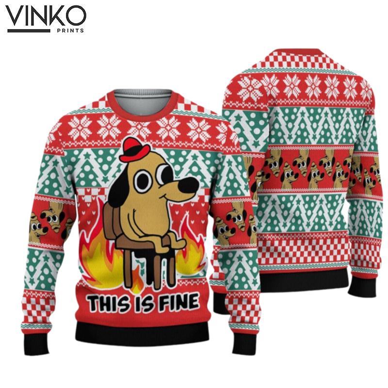 This Is Fine Meme Unisex Hoodie All Over Printed Casual Ugly Christmas Sweater