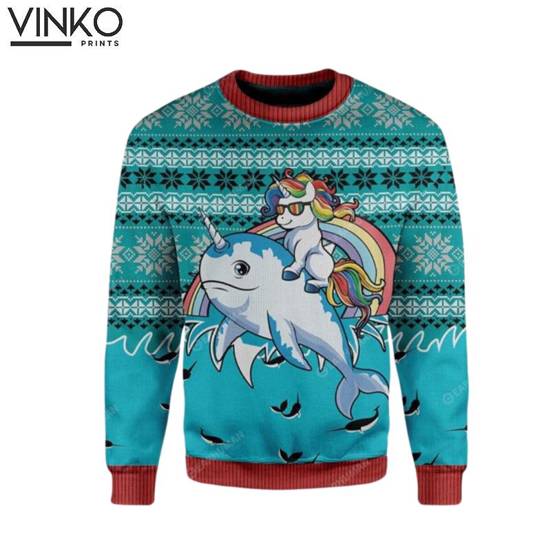 Unicorn Riding Narwhal Ugly Christmas Sweater