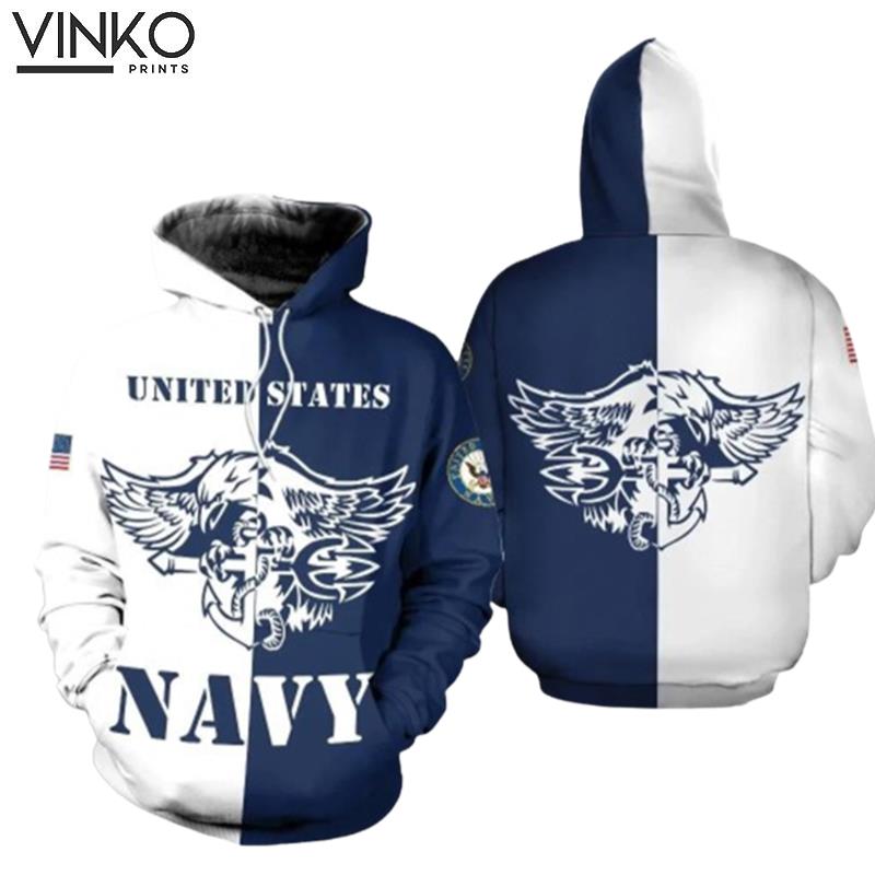 Veteran United States Navy Eagle Anchor Blue White Hoodie