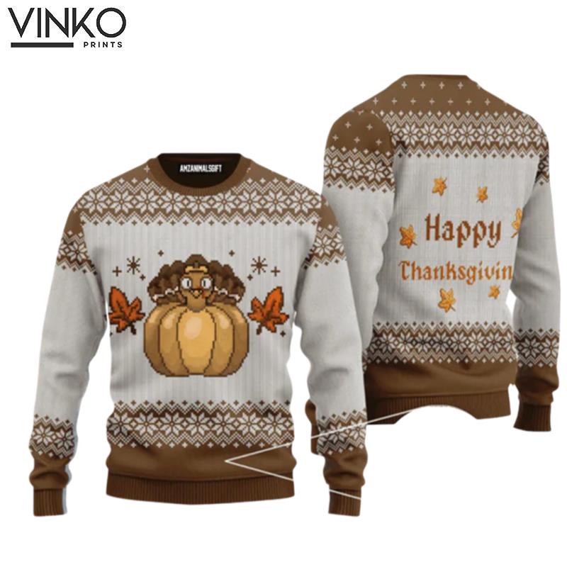 Vintage Happy Thanksgiving Turkey Pumpkin Urly Ugly Christmas Sweater