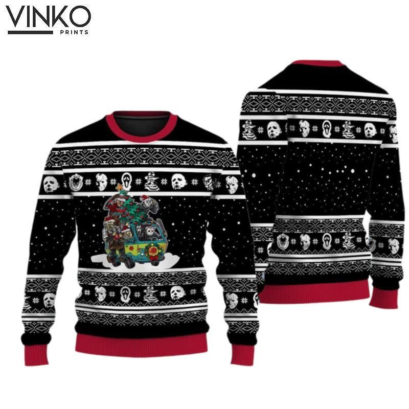 Warm Funny Merry Chirstmas Horror Movie Characters With Gift Ugly Christmas Sweater