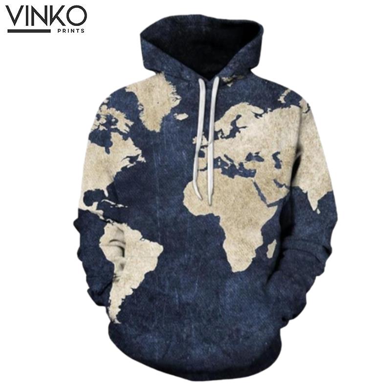 World Map Denim Blue Hoodie