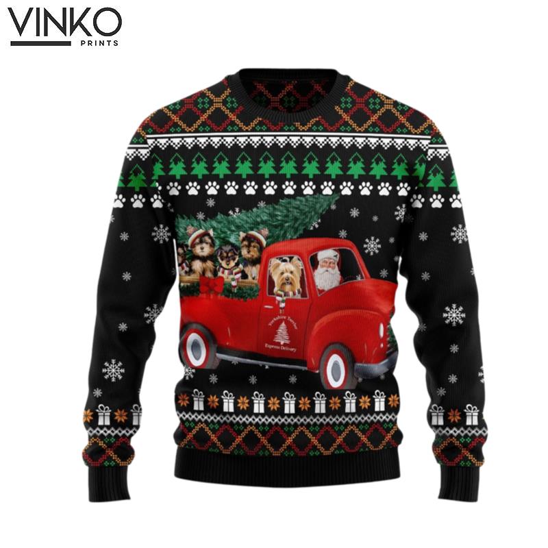 Yorkshire Terrier and Red Truck D3009 Ugly Christmas Sweater